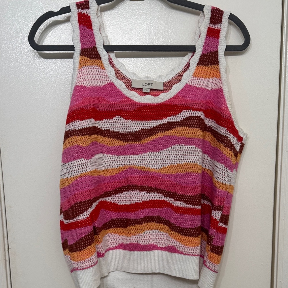 LOFT Multicolor Crochet Striped Tank — Pink, Red, Orange & Cream